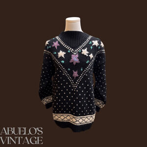 Crescendo Floral Knit Sweater | Black Wool | Size S | Vintage